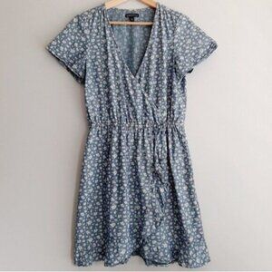 J. CREW Mercantile Floral Faux Wrap Ruffle Dress Chambray Sz XS